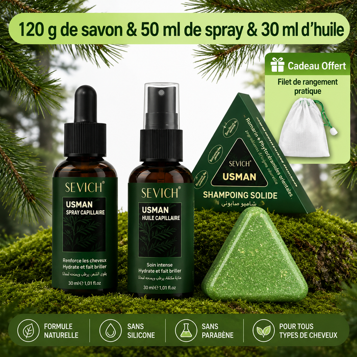 Kit de Soins Capillaires Usman – Huile, Spray & Savon